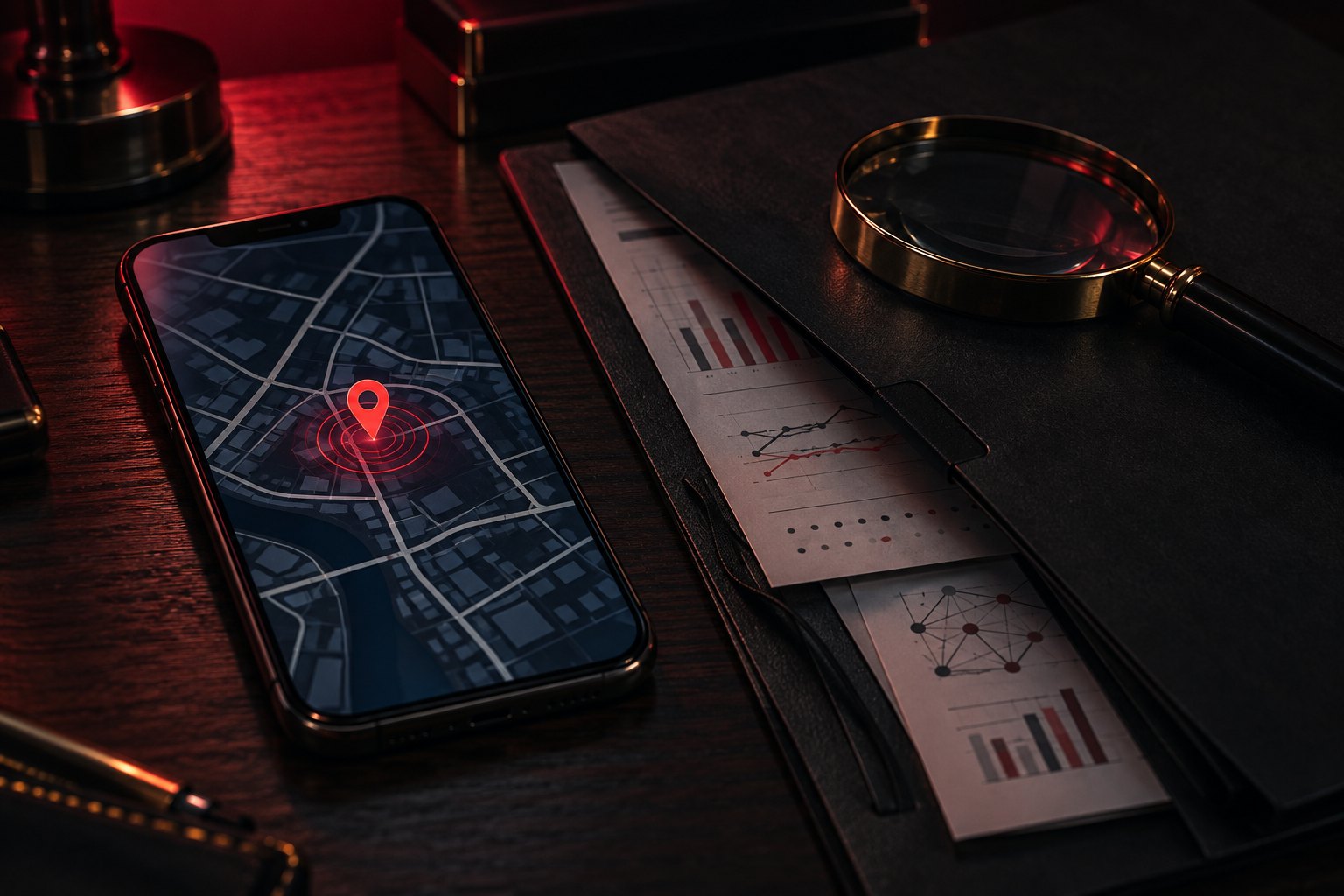 Celular com mapa de localização, dossiê confidencial com gráficos e lupa — cena de investigação noturna